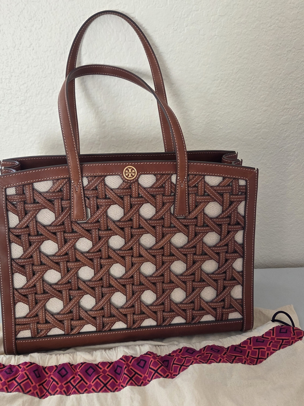 Tory Burch Brown and Cream Woven-Pattern Leather Trim Tote